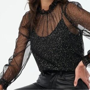 NWT J. Crew Factory Shimmer sheer  Tulle Ruffleneck Top Black Gold Large